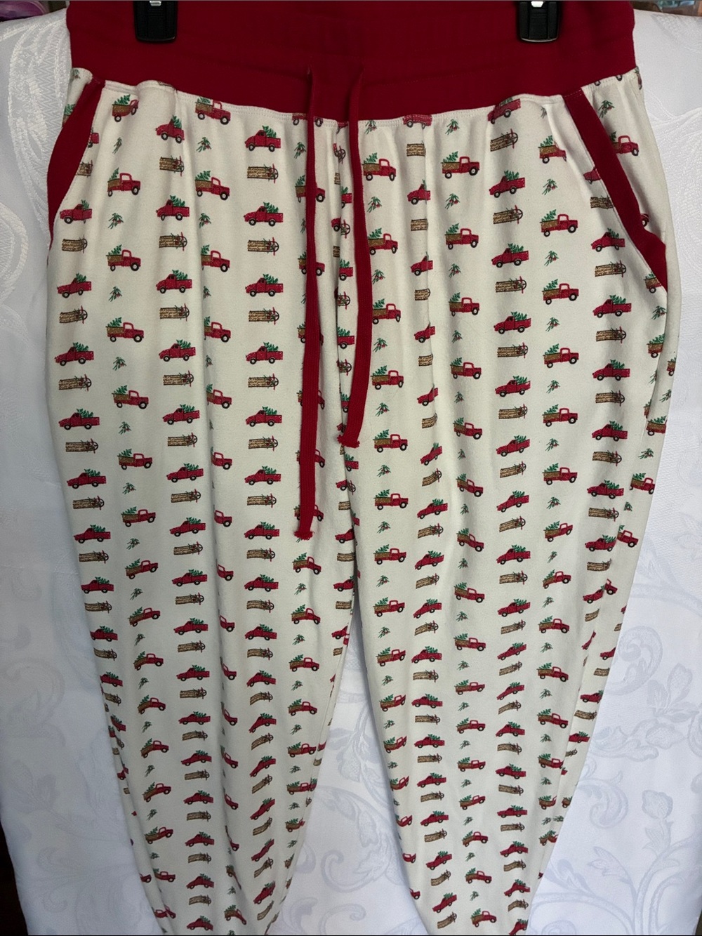 Hallmark Movie watching pajamas .  Cream and Red Holiday Truck women Pajama Pant